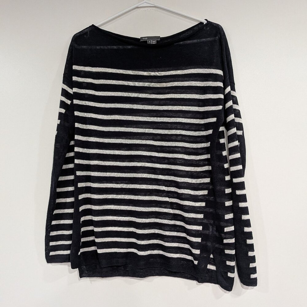 Vince 100% Linen Striped Sweater Black White Size Small